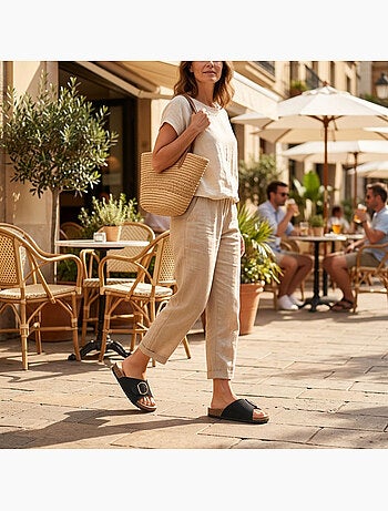 Sandali Mule OZABI Fibbia Rotonda Nabuk Nero Beige