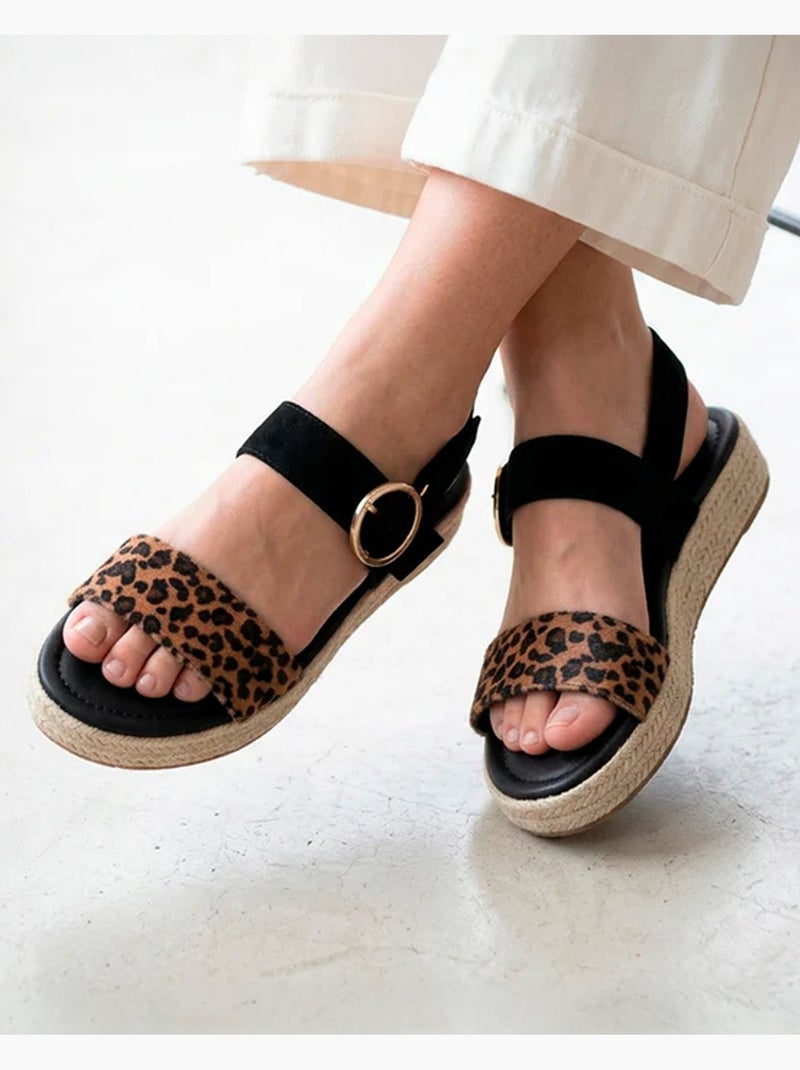 Sandali suola in memory, tacco di 3,5 cm, design in corda e leopardo  Isotoner Nero Nero Bianco - Kiabi