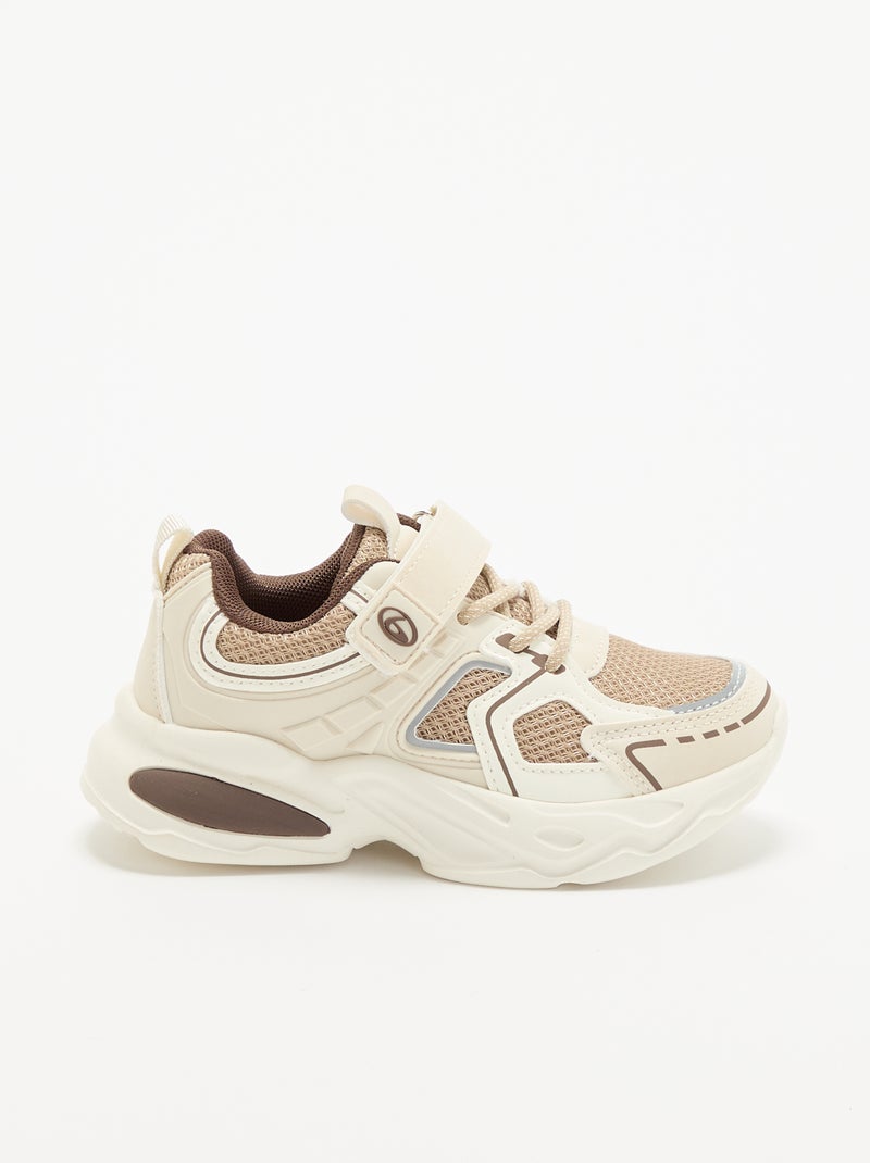 Scarpe da ginnastica basse con strappo + lacci elastici Beige - Kiabi