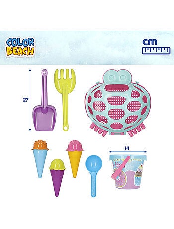 Secchio da spiaggia con accessori e granchio da spiaggia a colori color beach