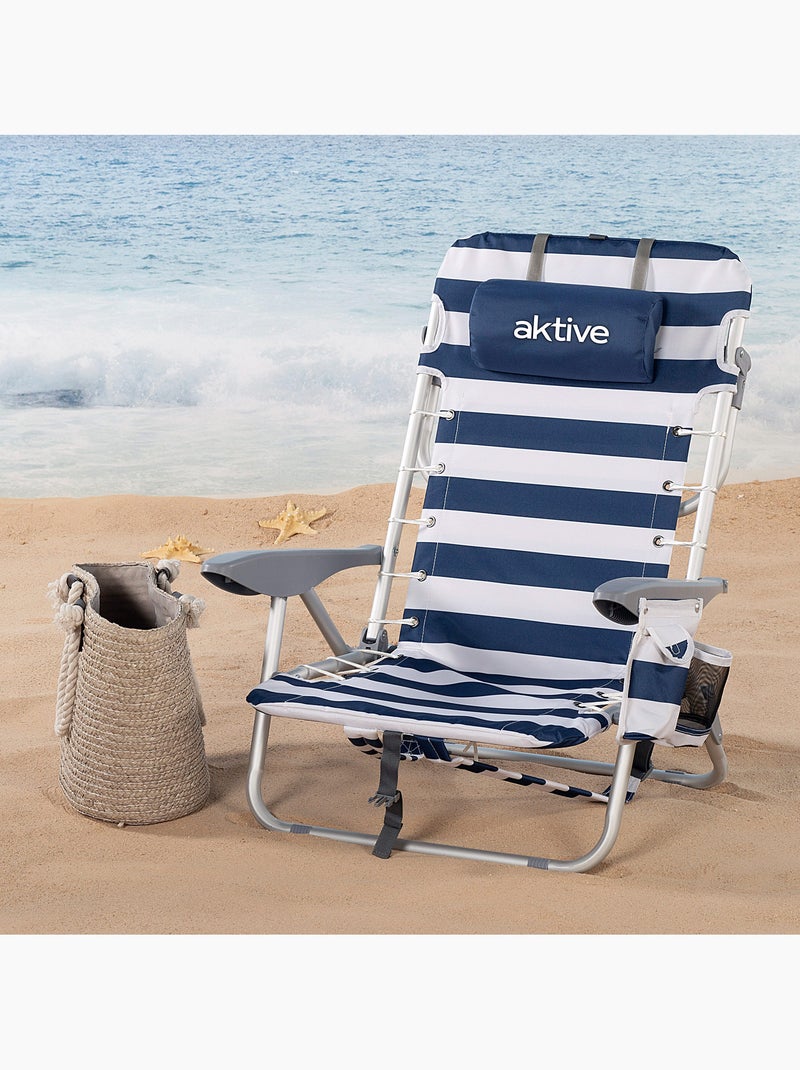 Sedia da spiaggia bassa pieghevole con zaino a righe a 4 posizioni, cuscino e tasca aktive Blu Bianco - Kiabi