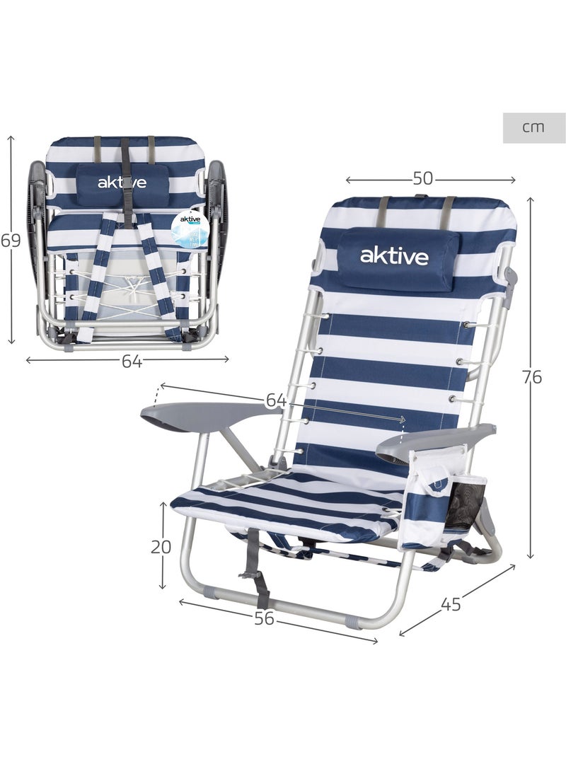 Sedia da spiaggia bassa pieghevole con zaino a righe a 4 posizioni, cuscino e tasca aktive Blu Bianco - Kiabi