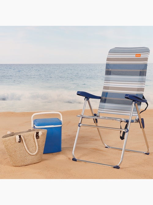 Sedia da spiaggia pieghevole alta, 5 posizioni, strisce e grigie aktive - Kiabi Sedia da spiaggia pieghevole alta, 5 posizioni, strisce e grigie aktive - Kiabi