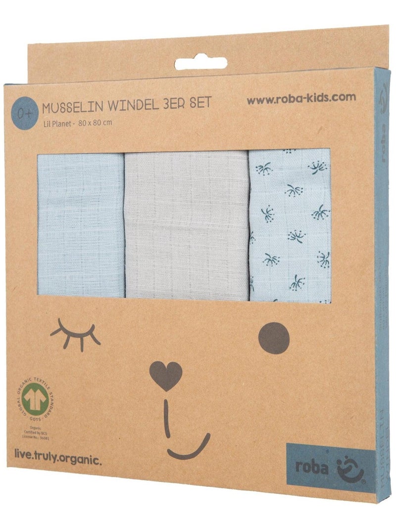 Set 3 teli muslin in cotone bio – ROBA "Lil Planet" Blu chiaro - Kiabi