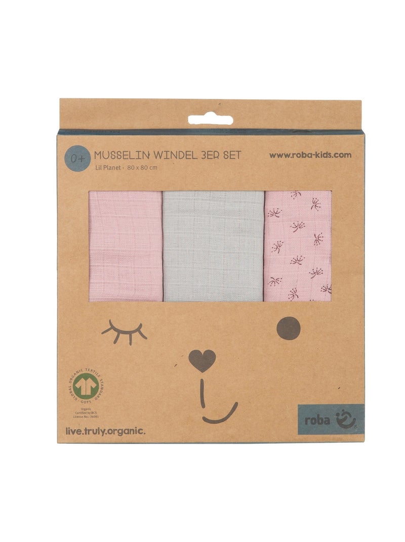 Set 3 teli muslin in cotone bio – ROBA "Lil Planet" Rosa pastello - Kiabi