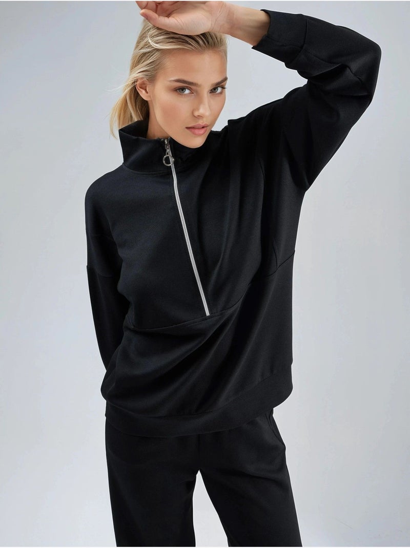 Set a due pezzi modal touch a gamba ampia con colletto con zip collezione bersan hiccup Nero - Kiabi
