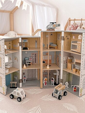 Set caserma dei pompieri e stazione di polizia in legno con accessori e veicoli bambini 3+