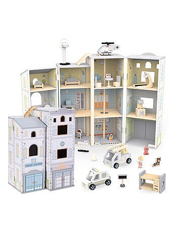 Set caserma dei pompieri e stazione di polizia in legno con accessori e veicoli bambini 3+