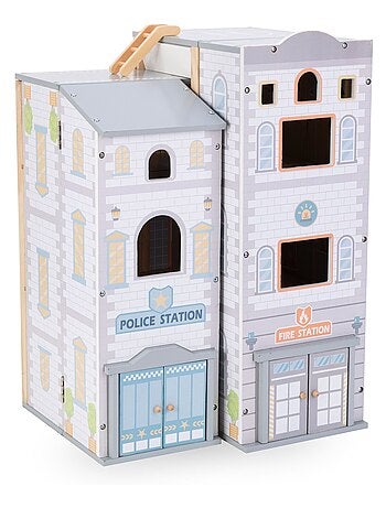 Set caserma dei pompieri e stazione di polizia in legno con accessori e veicoli bambini 3+