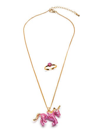 Set collana e anello unicorno rosa glitter | Great Pretenders