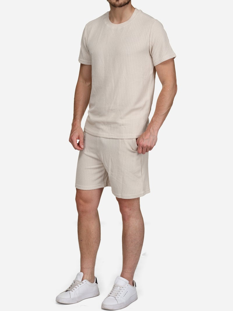 Set composto da maglietta e pantaloncini a tinta unita e fantasia - Frilivin Crema - Kiabi