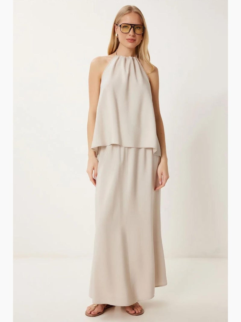 Set con blusa halter con dettaglio a laccetti e gonna a gamba ampia istanbul Sabbia - Kiabi