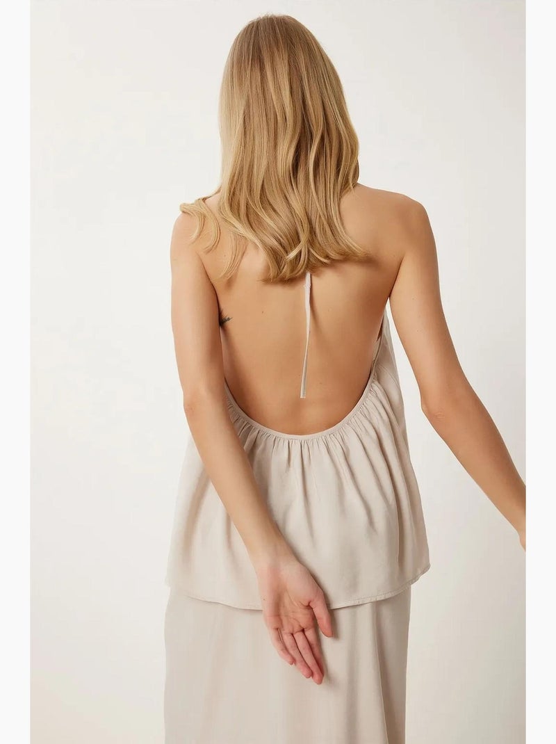 Set con blusa halter con dettaglio a laccetti e gonna a gamba ampia istanbul Sabbia - Kiabi