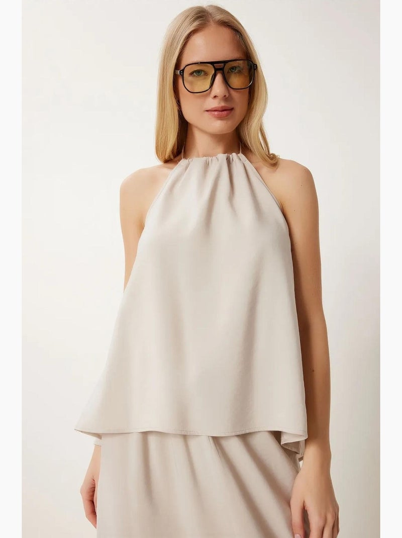 Set con blusa halter con dettaglio a laccetti e gonna a gamba ampia istanbul Sabbia - Kiabi