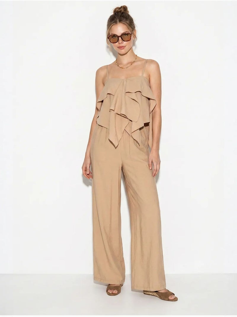 Set con blusa senza spalline con volant e pantaloni a gamba ampia lucci Beige argilla - Kiabi