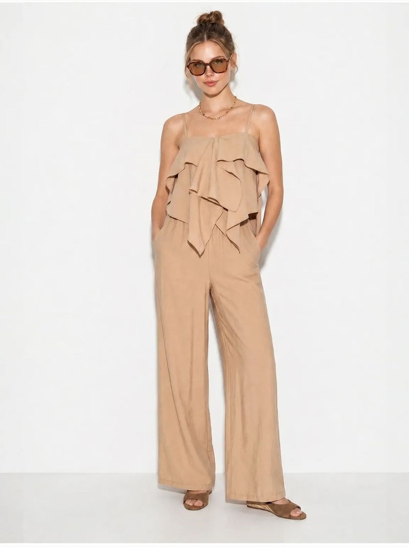 Set con blusa senza spalline con volant e pantaloni a gamba ampia lucci Beige argilla - Kiabi