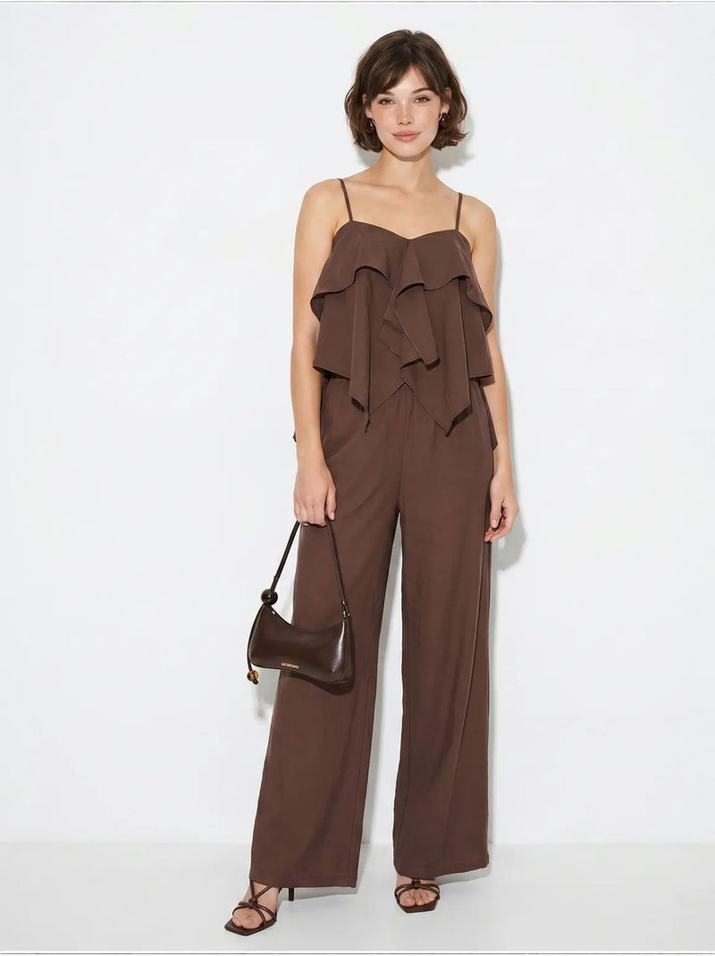 Set con blusa senza spalline con volant e pantaloni a gamba ampia lucci Marrone cioccolato - Kiabi