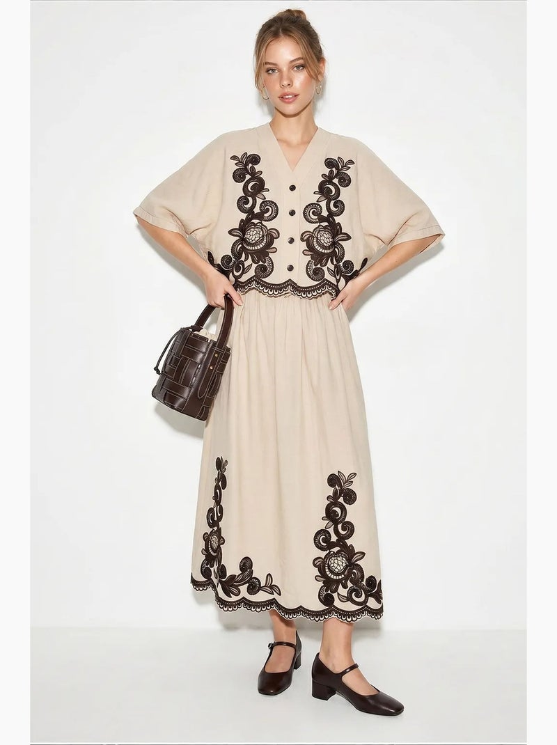Set con camicia oversize con scollo a v ricamata e maniche a 3/4 e pantaloni a gamba ampia lucci Beige argilla - Kiabi