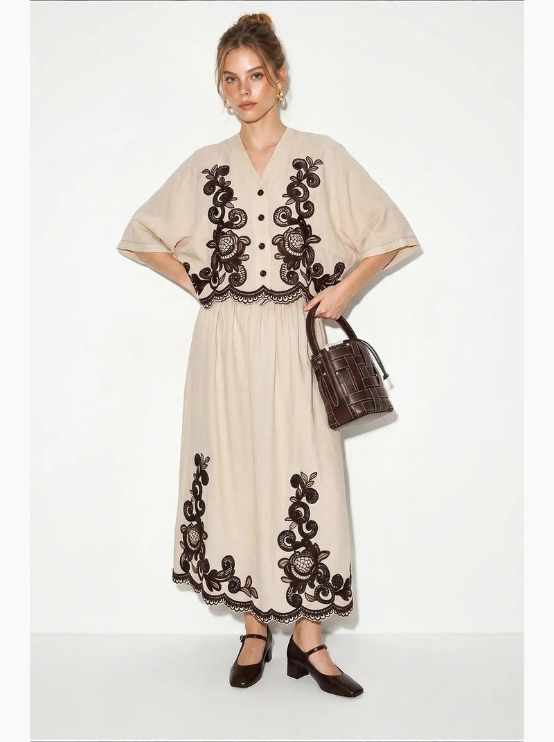 Set con camicia oversize con scollo a v ricamata e maniche a 3/4 e pantaloni a gamba ampia lucci Beige argilla - Kiabi