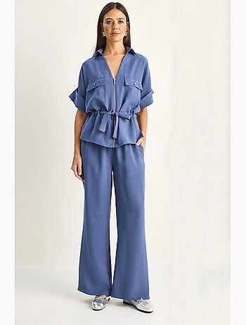 Set con gilet e pantaloni a gamba larga in popeline di cotone lucci