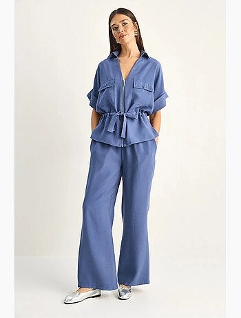 Set con gilet e pantaloni a gamba larga in popeline di cotone lucci