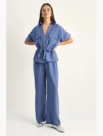 Set con gilet e pantaloni a gamba larga in popeline di cotone lucci