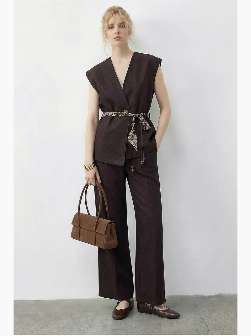 Set con gilet scollo a v con cintura e pantaloni a gamba ampia lucci Marrone cioccolato - Kiabi