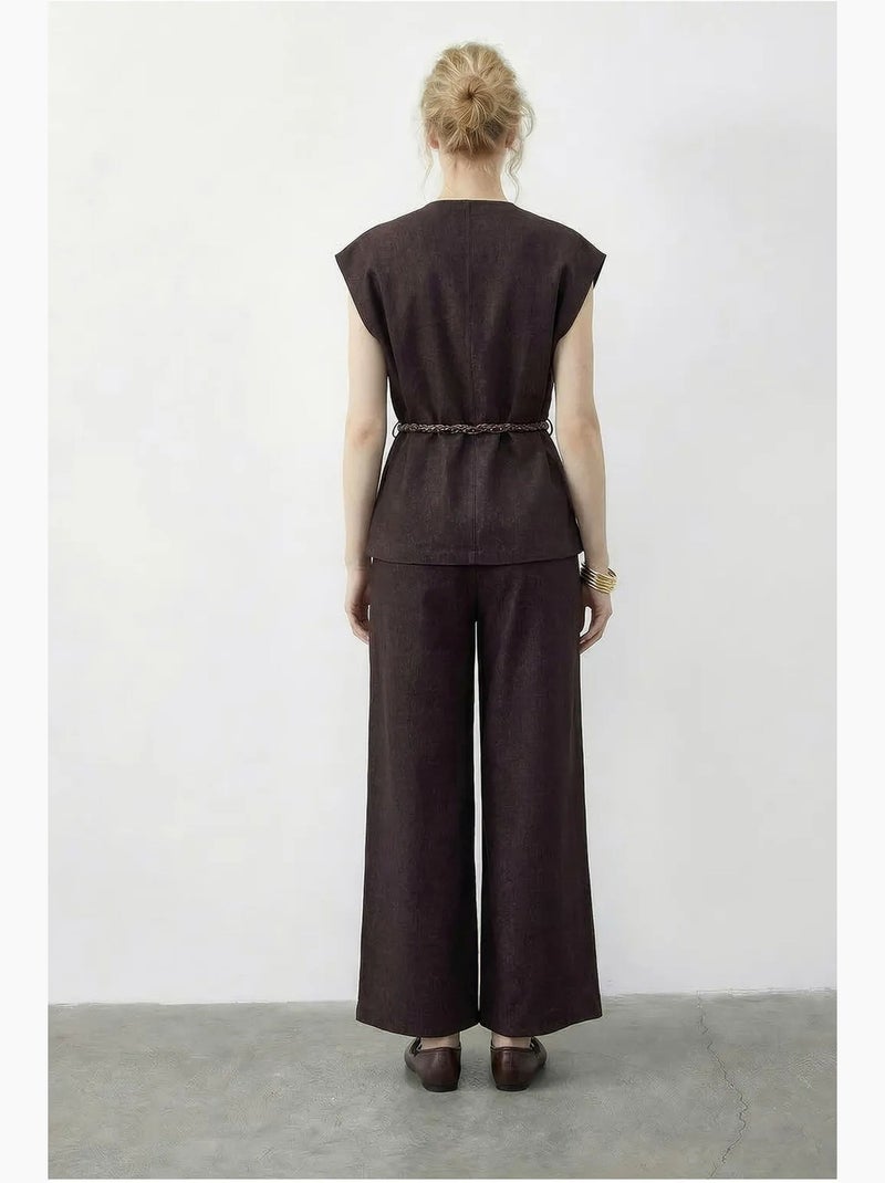 Set con gilet scollo a v con cintura e pantaloni a gamba ampia lucci Marrone cioccolato - Kiabi