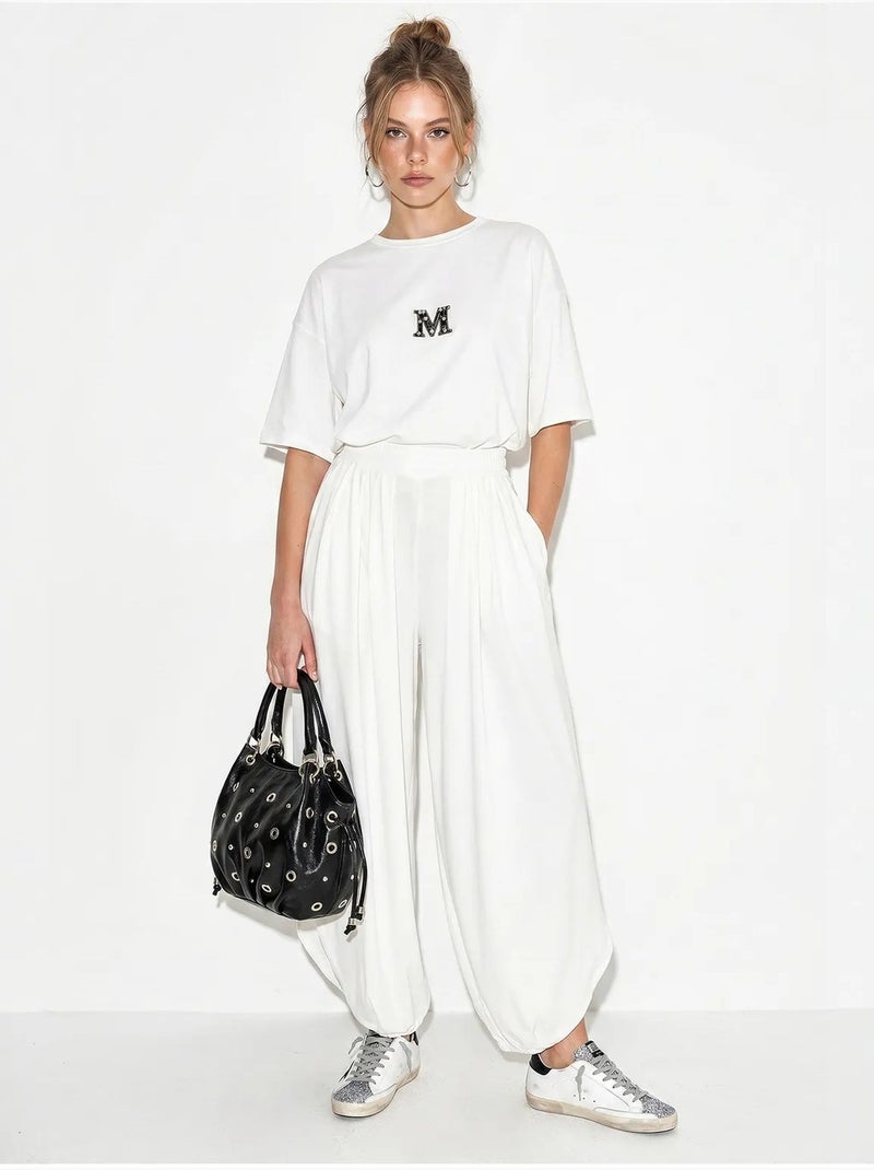 Set con t-shirt oversize a girocollo e pantaloni a gamba ampia lucci Bianco - Kiabi