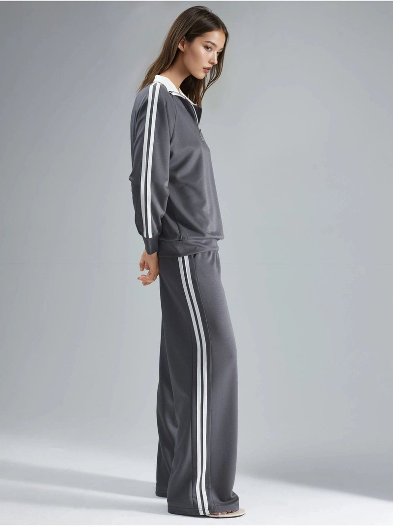 Set coordinato a due pezzi a righe con pantaloni a gamba ampia e colletto con zip hiccup Grigio - Kiabi