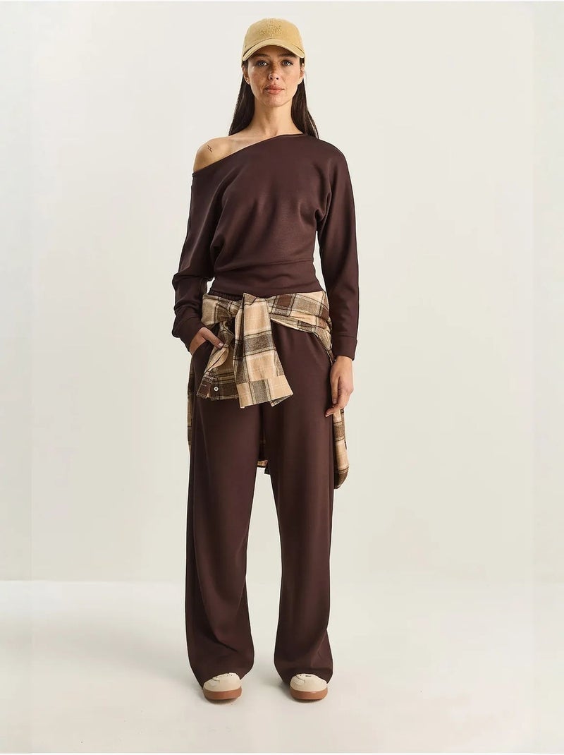 Set coordinato a due pezzi in maglia con colletto asimmetrico e vita alta lucci Marrone cioccolato - Kiabi