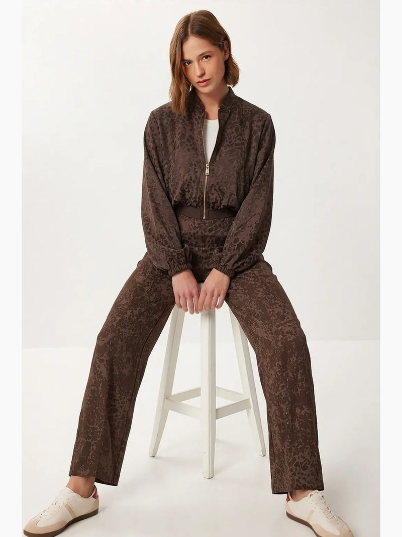 Set coordinato con stampa leopardata a vita alta con colletto bomber istanbul Marrone cioccolato - Kiabi