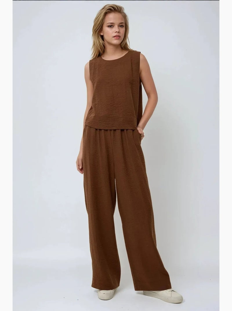 Set coordinato due pezzi con camicetta effetto lino e pantaloni a vita elastica hiccup Marrone cioccolato - Kiabi