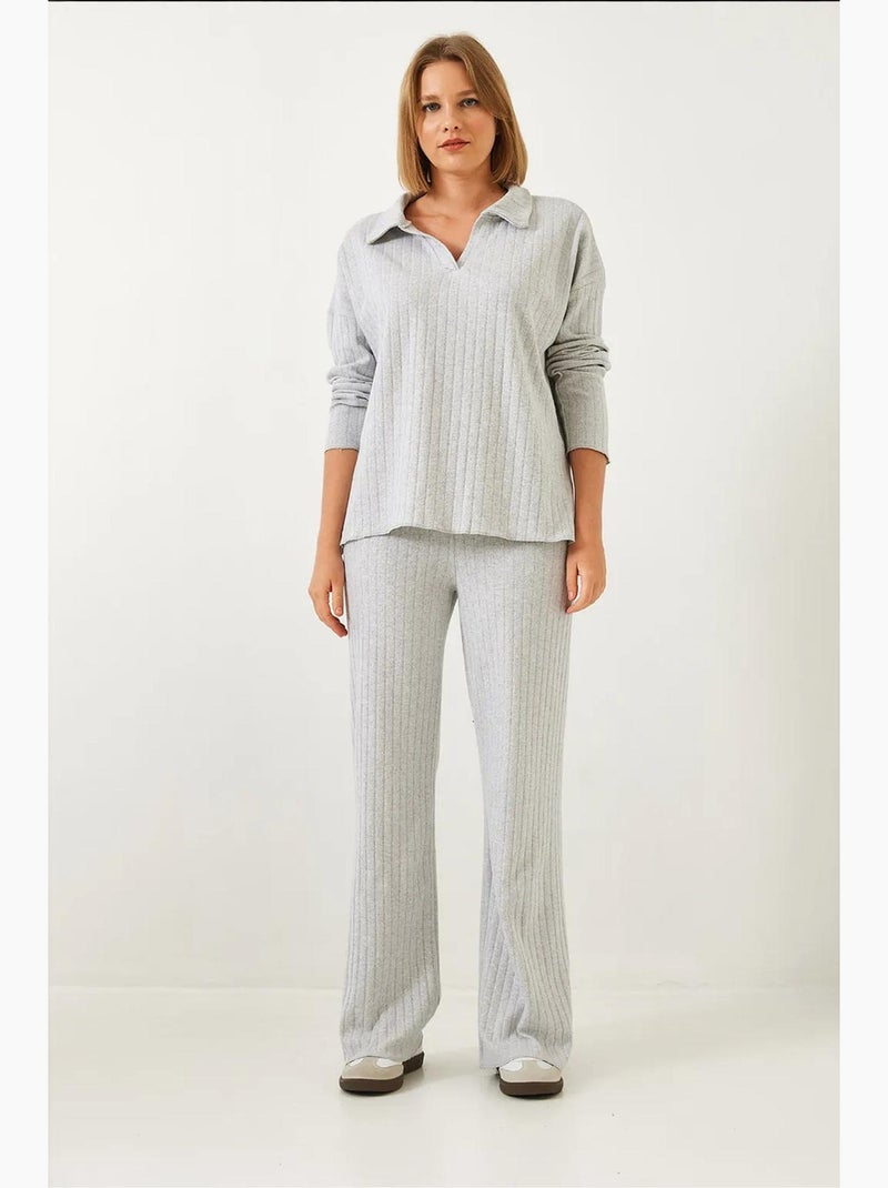 Set coordinato due pezzi con colletto polo e maniche lunghe con pantaloni a gamba ampia lucci Grigio - Kiabi