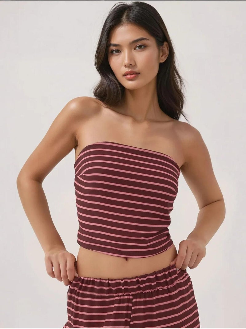 Set coordinato due pezzi con top a righe senza spalline e pantaloni hiccup Rosso bordeaux - Kiabi