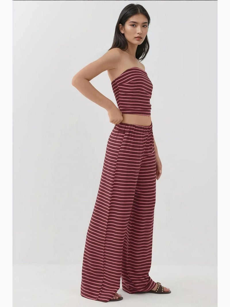 Set coordinato due pezzi con top a righe senza spalline e pantaloni hiccup Rosso bordeaux - Kiabi