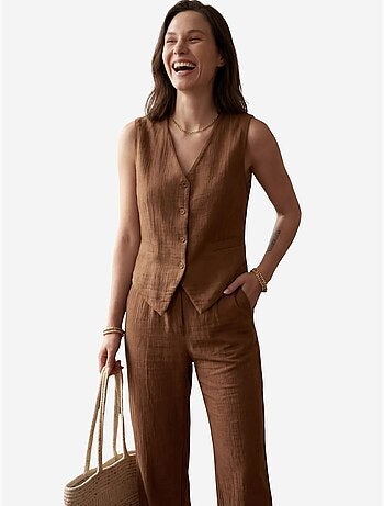 Set coordinato due pezzi in cotone testurizzato con gilet scollo a v e pantaloni my fashion