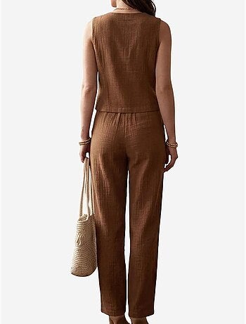 Set coordinato due pezzi in cotone testurizzato con gilet scollo a v e pantaloni my fashion