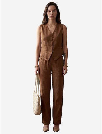 Set coordinato due pezzi in cotone testurizzato con gilet scollo a v e pantaloni my fashion