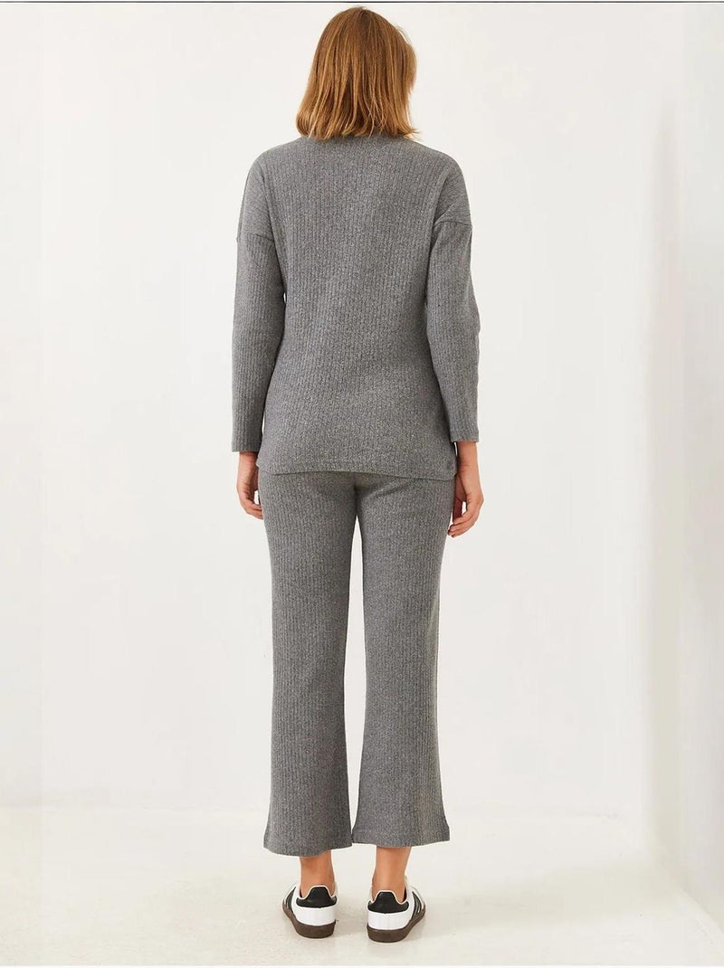 Set coordinato in maglia a costine testurizzata con maglione girocollo e pantaloni lucci Grigio nero - Kiabi