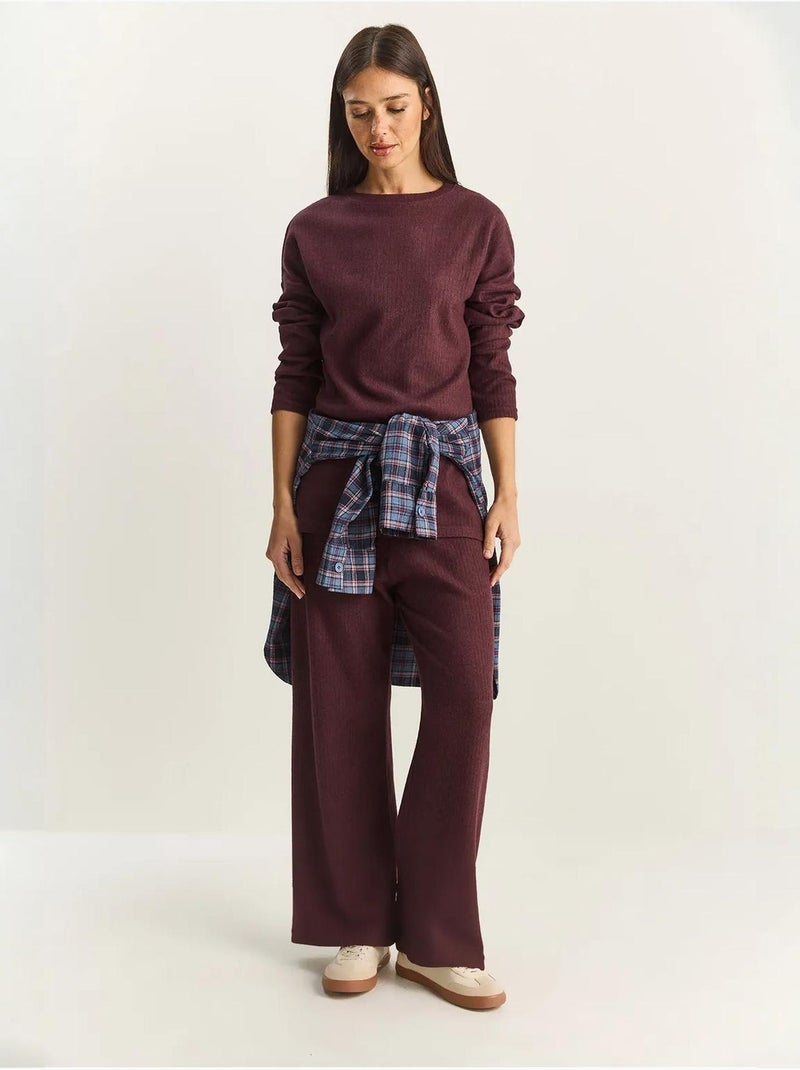 Set coordinato in maglia a costine testurizzata con maglione girocollo e pantaloni lucci Viola melanzana - Kiabi