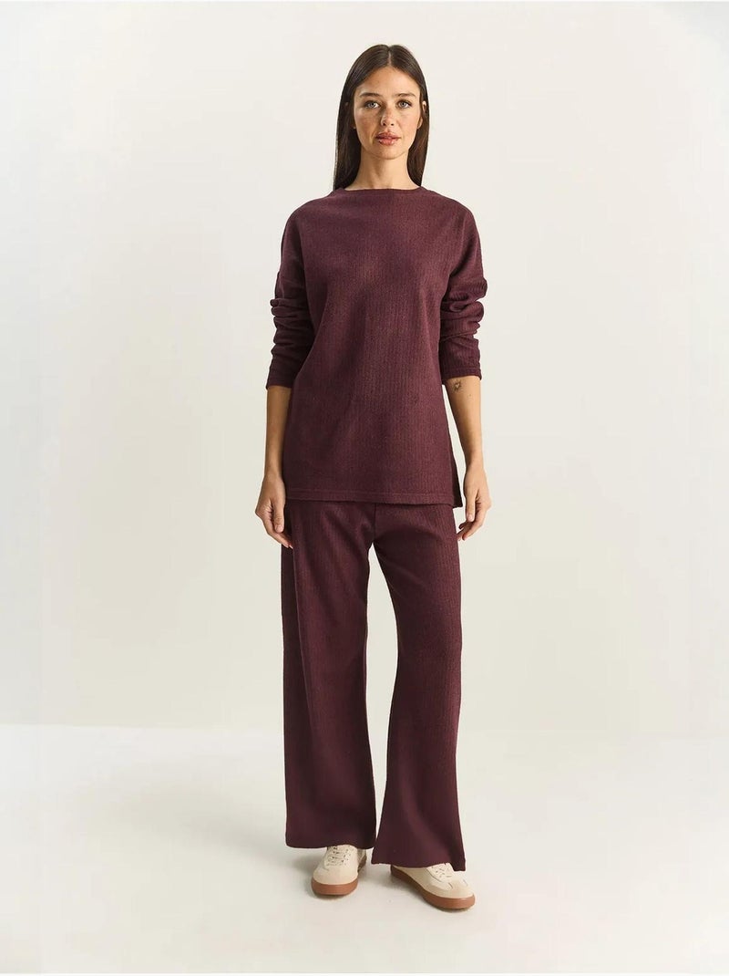 Set coordinato in maglia a costine testurizzata con maglione girocollo e pantaloni lucci Viola melanzana - Kiabi