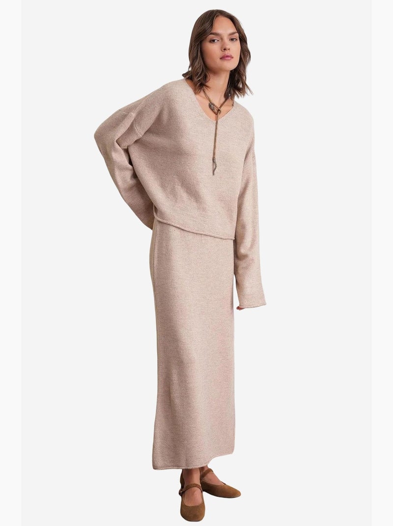 Set coordinato in maglia con maglione scollo a v e gonna mixray Beige argilla - Kiabi