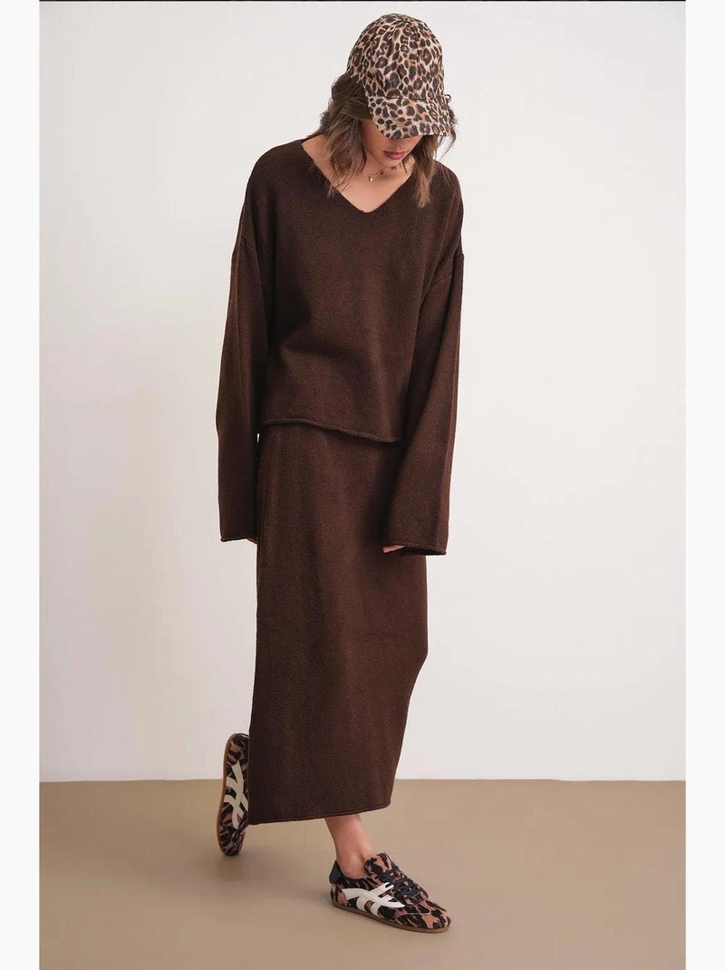 Set coordinato in maglia con maglione scollo a v e gonna mixray Marrone scuro - Kiabi