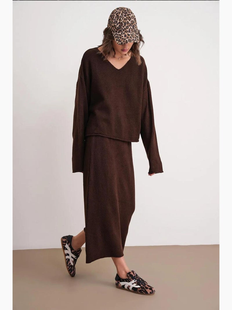 Set coordinato in maglia con maglione scollo a v e gonna mixray Marrone scuro - Kiabi