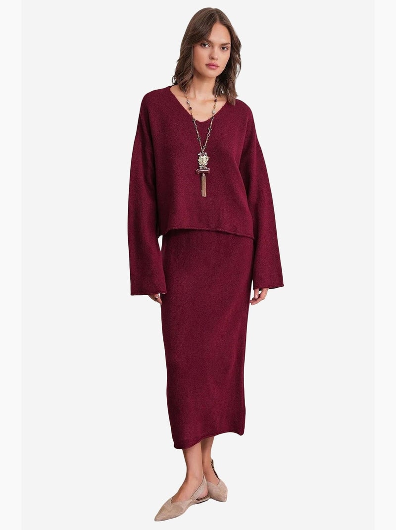 Set coordinato in maglia con maglione scollo a v e gonna mixray Rosso bordeaux - Kiabi