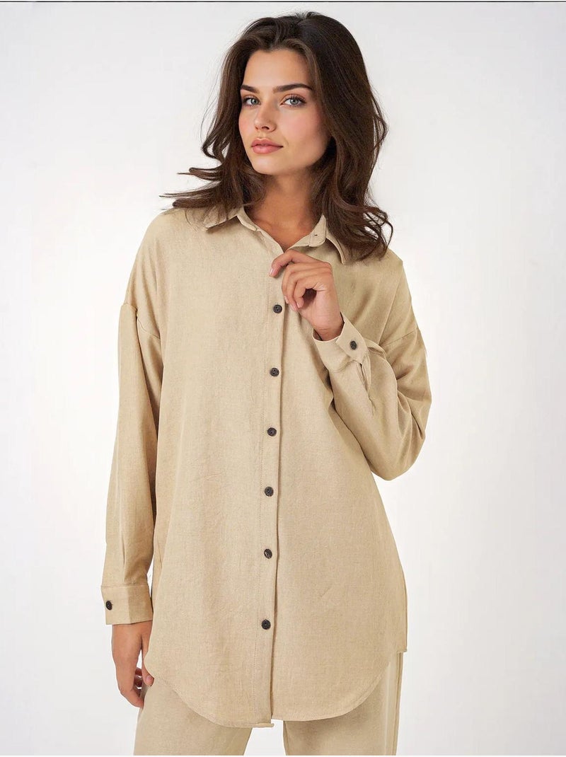 Set coordinato in misto lino con camicia a maniche lunghe e pantaloni bdart Beige naturale - Kiabi