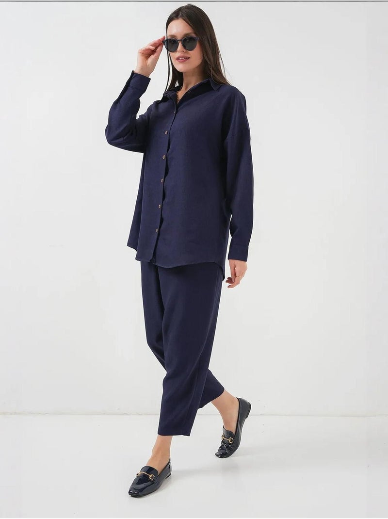 Set coordinato in misto lino con camicia a maniche lunghe e pantaloni bdart Blu marino - Kiabi