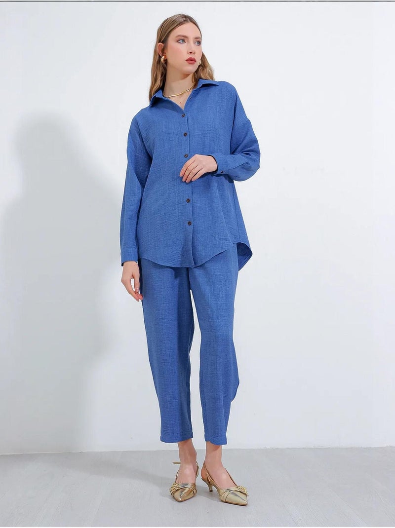Set coordinato in misto lino con camicia a maniche lunghe e pantaloni bdart Blu zaffiro - Kiabi