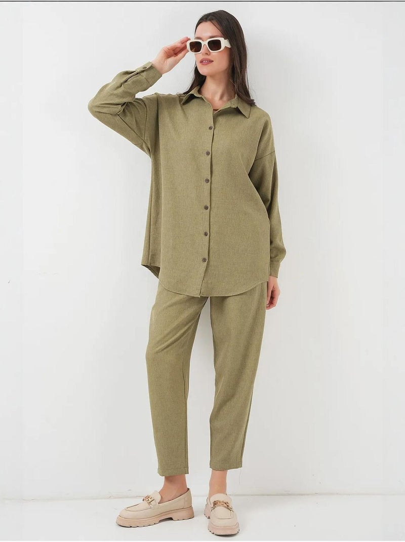Set coordinato in misto lino con camicia a maniche lunghe e pantaloni bdart Cachi - Kiabi